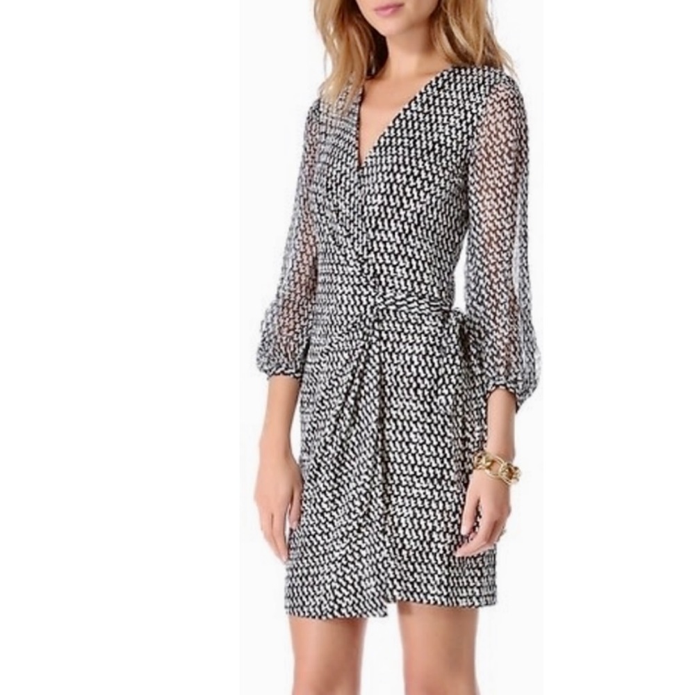 Diane Von Furstenberg Black and White Mini Wrap Dress - Picture 3 of 15